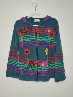 Happy Colors kidcore flower funky hippie unique zip front hoodie size large